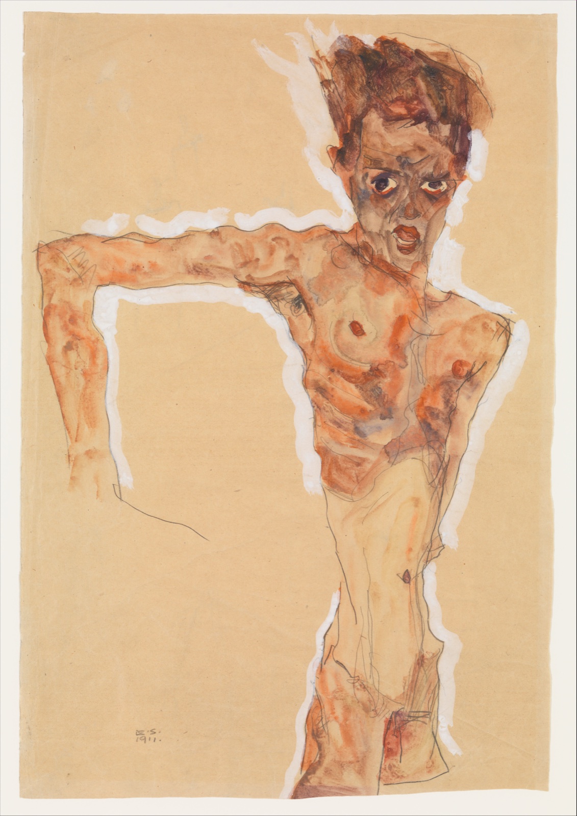 Angular self-portrait of Egon Schiele with outstretched arms on pale paper
