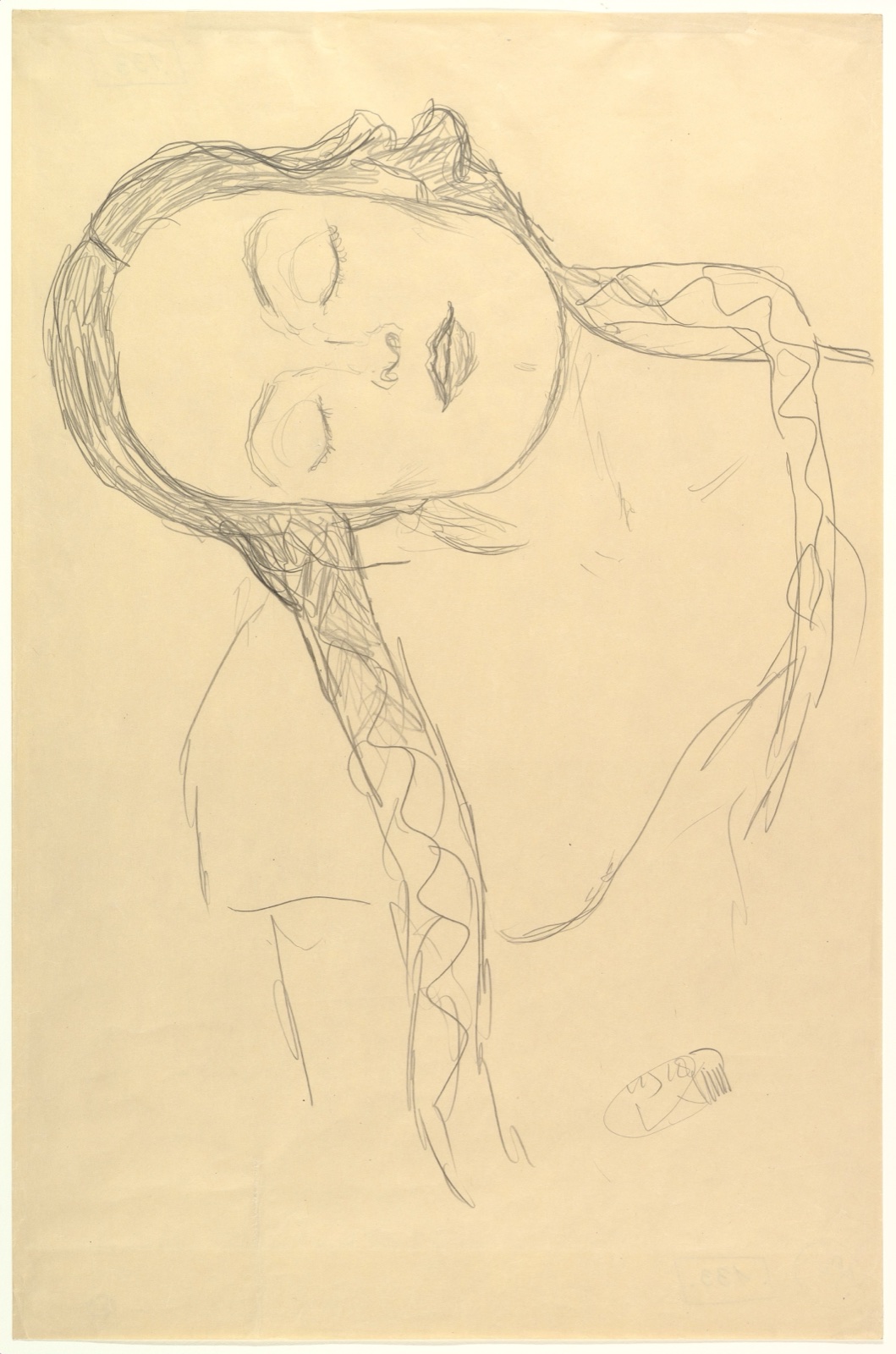 Graphite half-figure of a young woman resting her head toward one shoulder