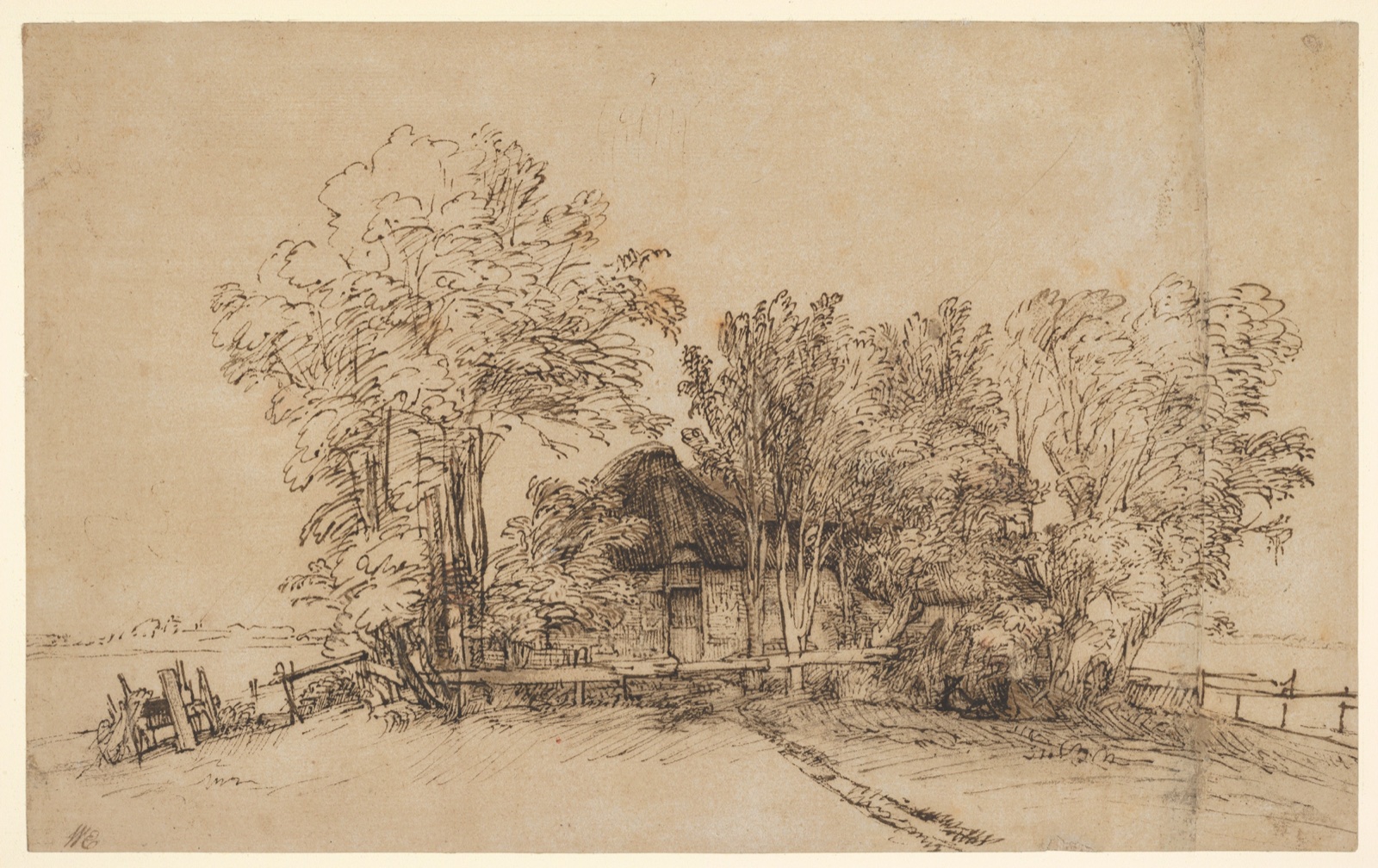 Brown-ink cottage framed by large trees, fences and a low distant horizon