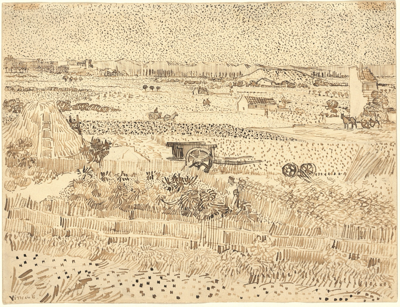 Reed-pen landscape of patterned harvest fields, haystacks and distant farm buildings