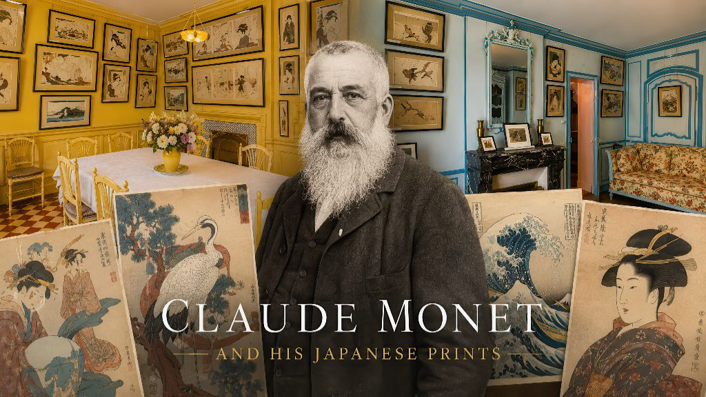 Claude Monet surrounded by Japanese ukiyo-e prints inside his rooms at Giverny