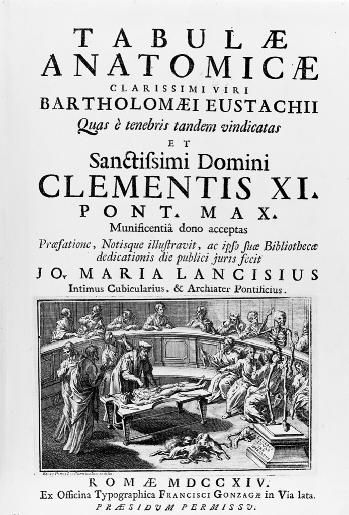 Title page of Eustachi's 1714 Tabulae anatomicae with a small engraving of a public dissection in an anatomy theatre