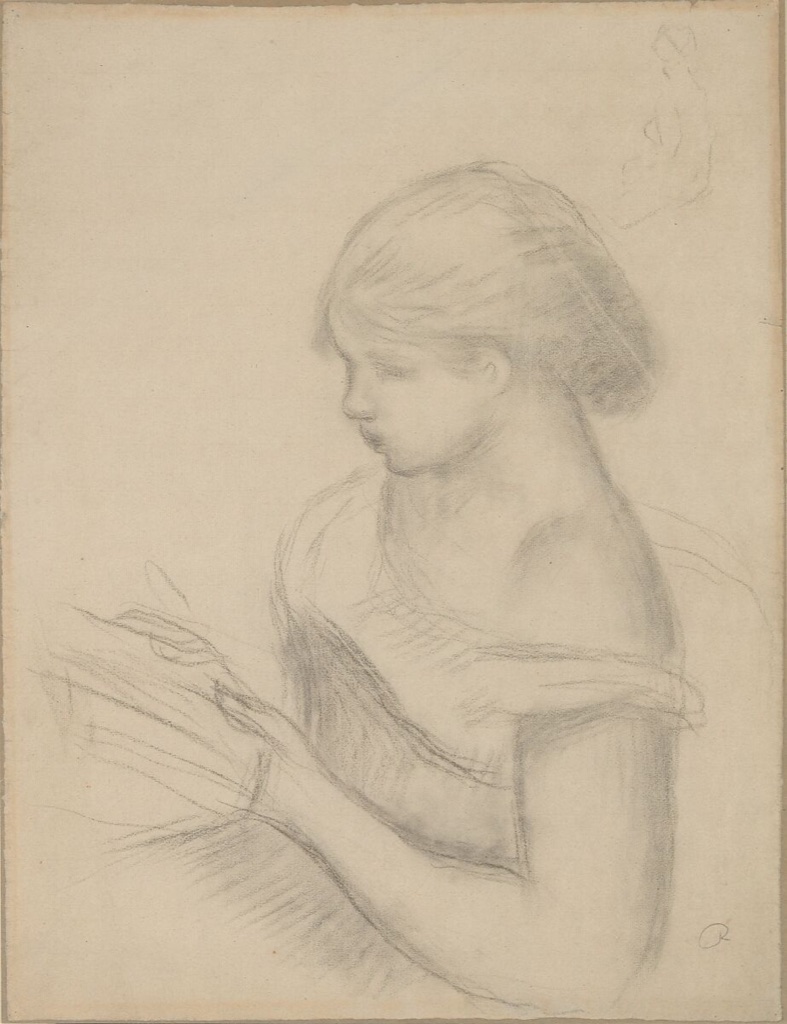 Auguste Renoir, A Girl Reading (with a Sketch of Seated Woman), a historical drawing in Charcoal, some stumping.