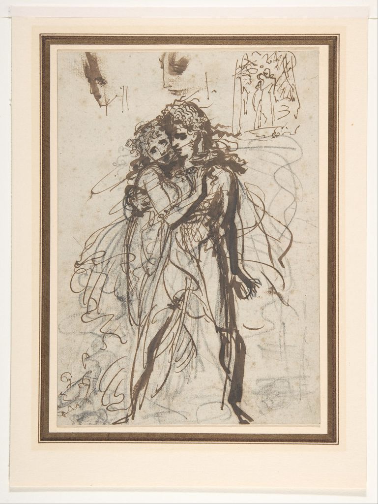 baron Antoine Jean Gros, A Man and a Woman Embracing, a historical drawing in Pen and brown ink with brown wash over black chalk.