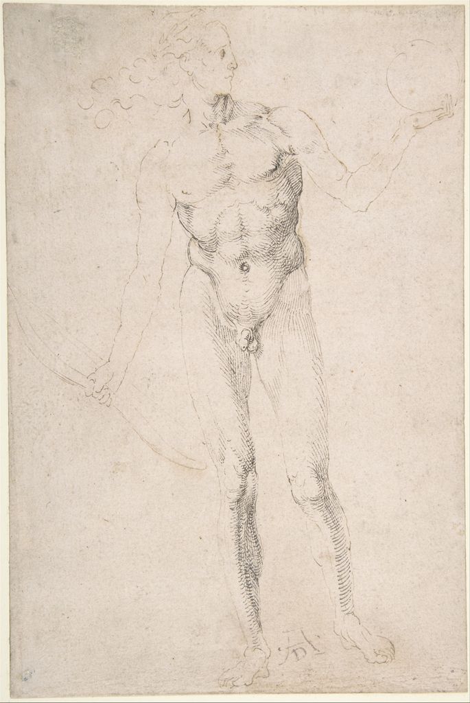 Albrecht Dürer, Standing Male Nude Holding a Bow (Poynter Apollo), a historical drawing in Pen and brown and black ink.