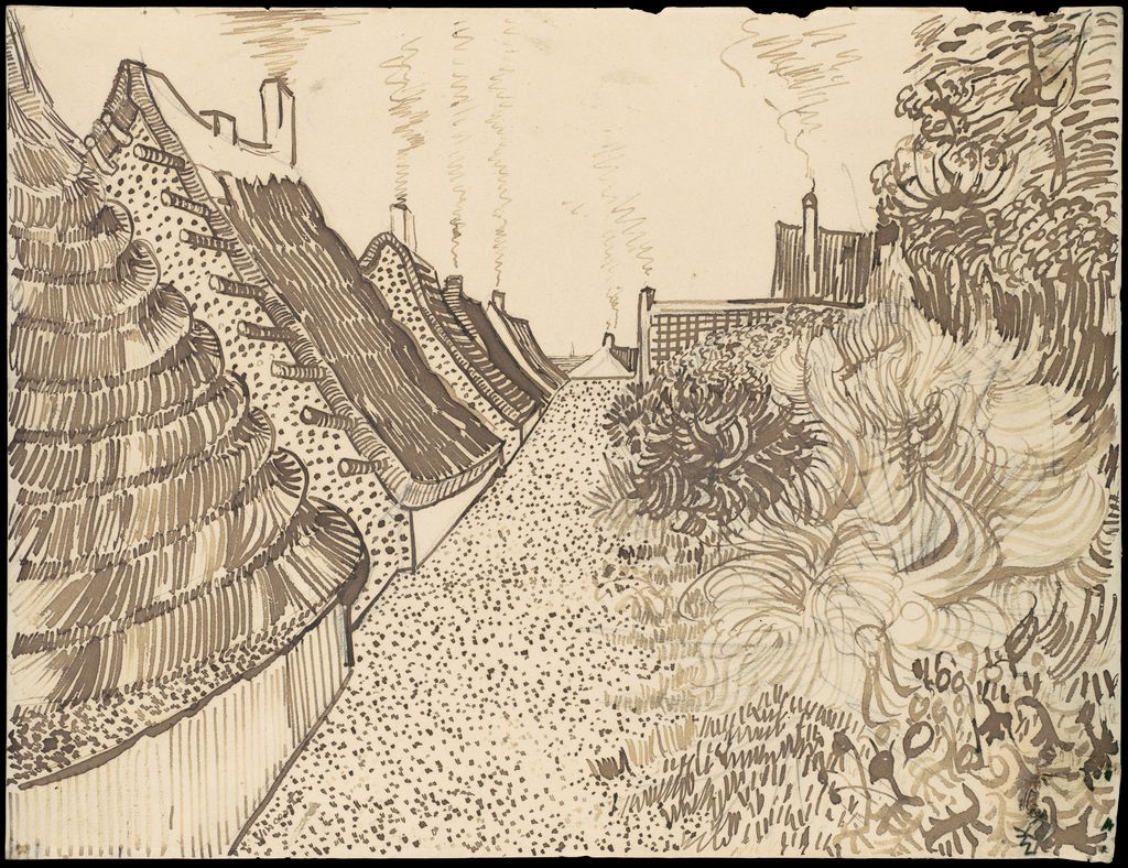 Vincent van Gogh, Street in Saintes-Maries-de-la-Mer, a historical drawing in Reed pen, quill, and brown ink over graphite on wove paper (laid down on wove paper; tack holes in all corners); later additions (by a restorer?) in black chalk, lower and upper right.