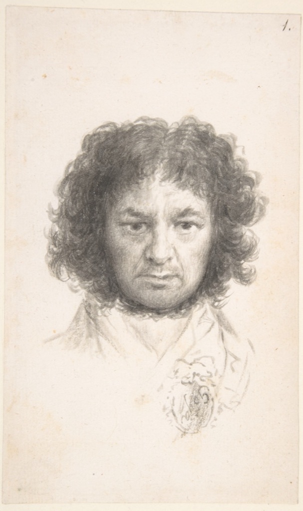 Goya faces outward in a dark hat and coat drawn with black ink
