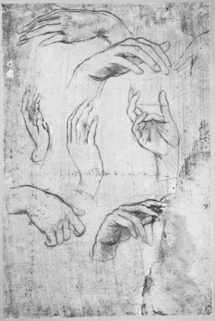 Faint metalpoint studies of several hands on pink prepared paper