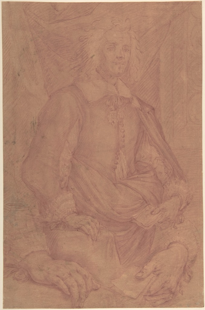Mario Balassi, Study for a Three-Quarter-Length Portrait of a Gentleman, a historical drawing in Red chalk, highlighted with white gouache, on red-washed paper (recto); black chalk studies of drapery which is washed in blue (verso).