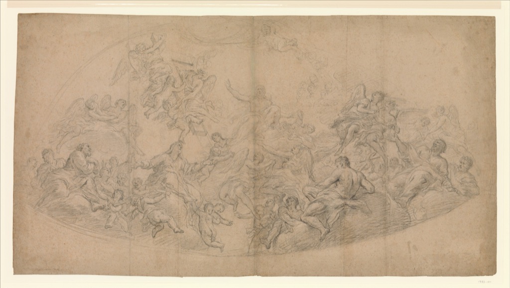 Antonio Puglieschi, Exaltation of the Holy Cross, a historical drawing in Charcoal, traces of white highlighting, on beige paper (recto); faint figure studies in charcoal (verso).