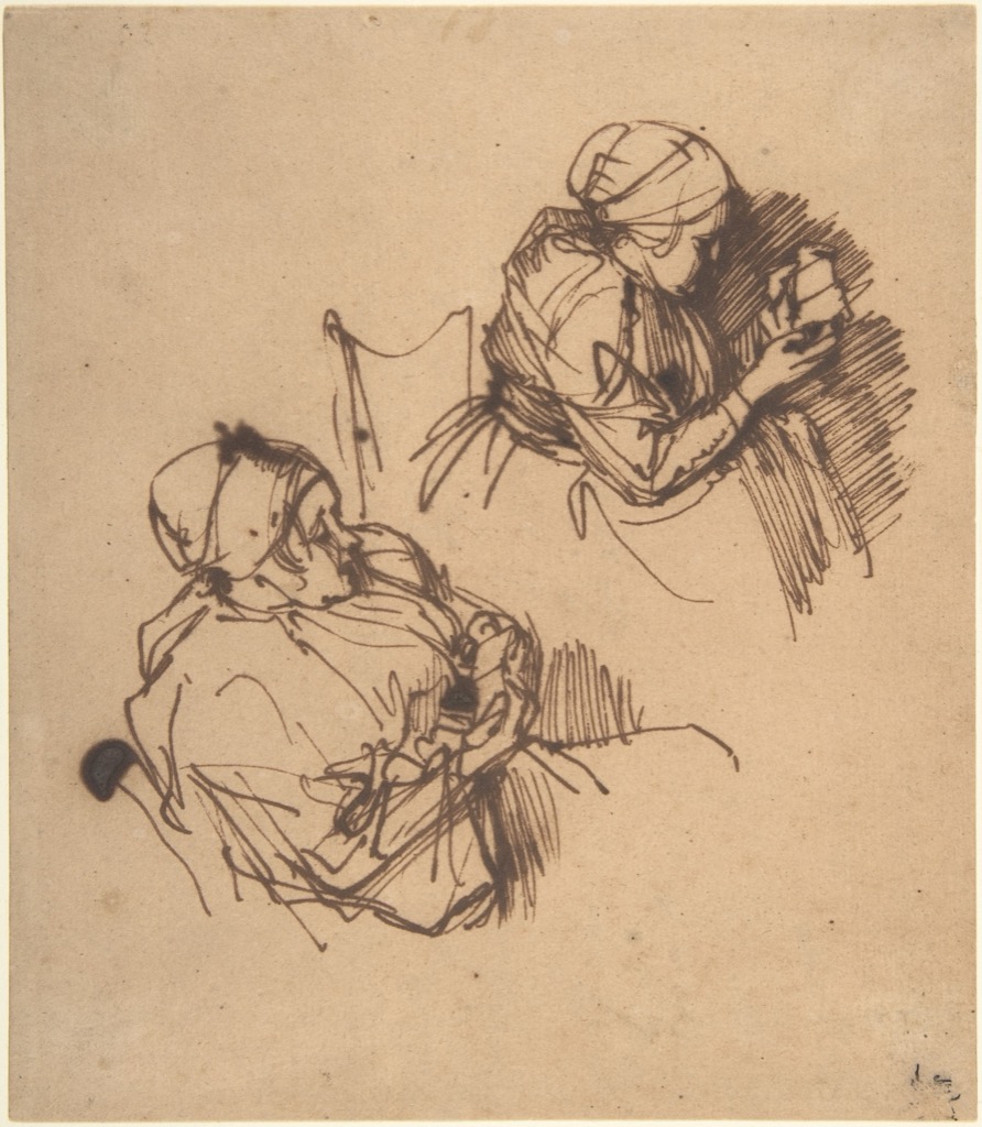 Rembrandt (Rembrandt van Rijn), Two Studies of a Woman Reading, a historical drawing in Pen and brown iron-gall ink.