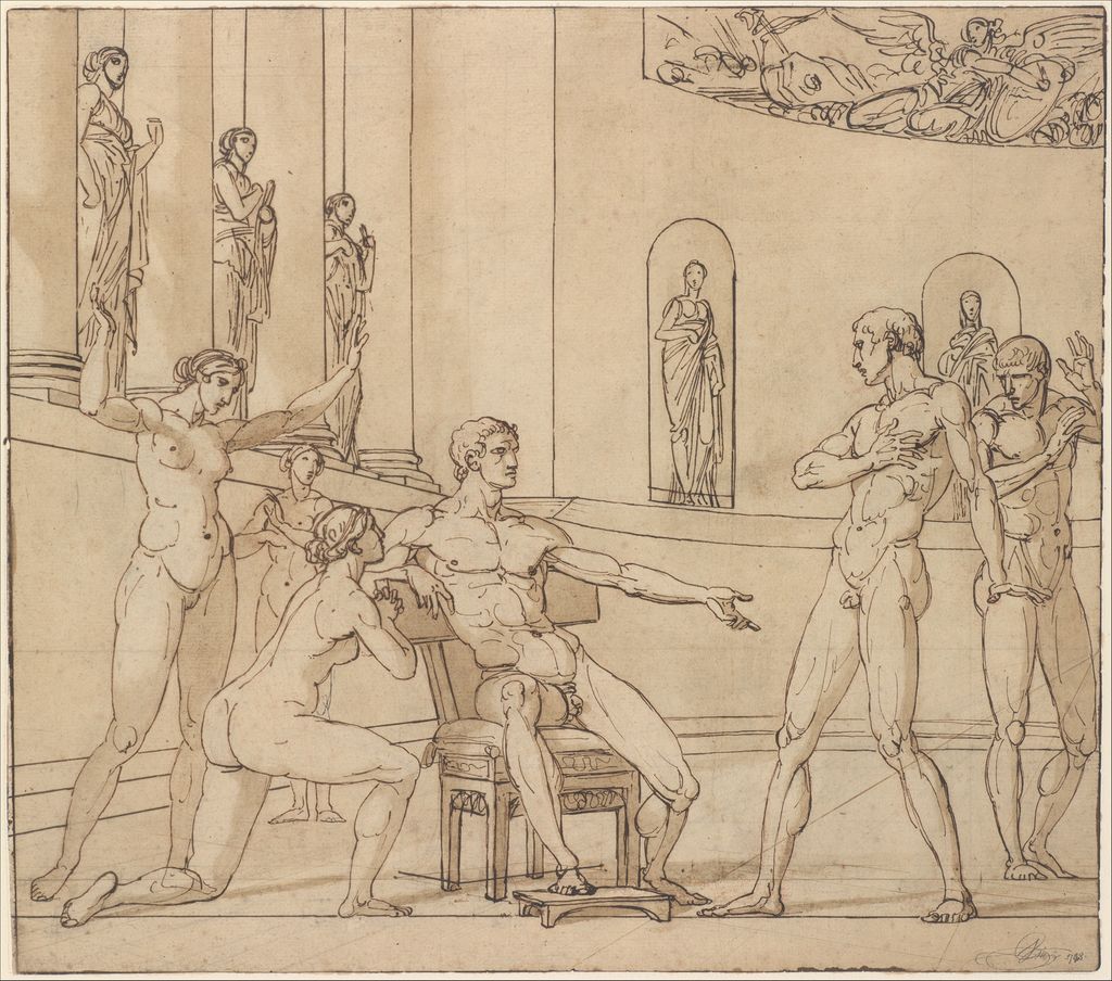 François André Vincent, The Clemency of Augustus, a historical drawing in Pen and brown ink, brush and brown wash, over traces of red chalk; perspective lines in graphite (recto). Red chalk; squared in red chalk (verso)..