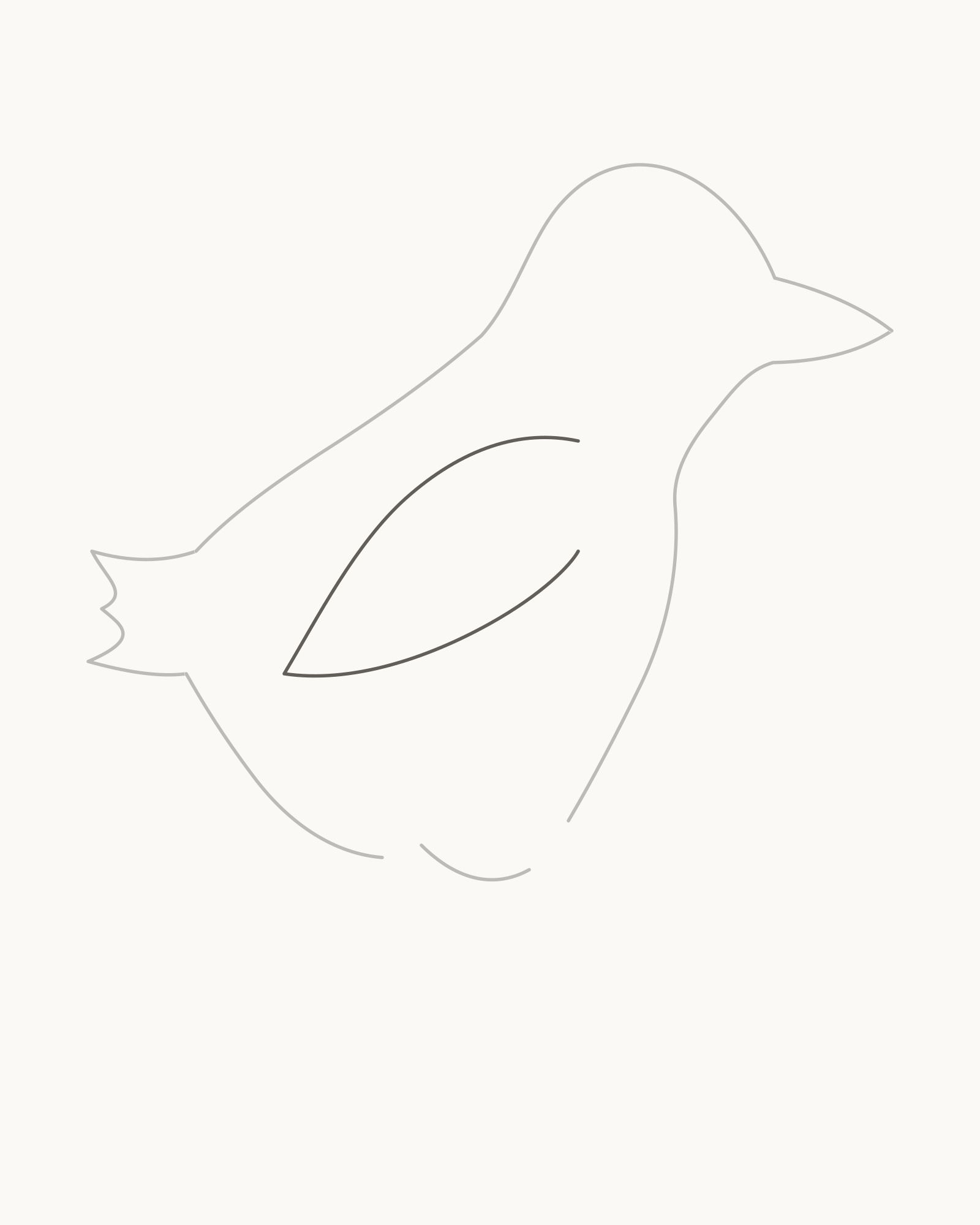 Stage 4 duck drawing adding one asymmetric folded near wing attached at two shoulder roots while the far wing remains fully hidden in profile
