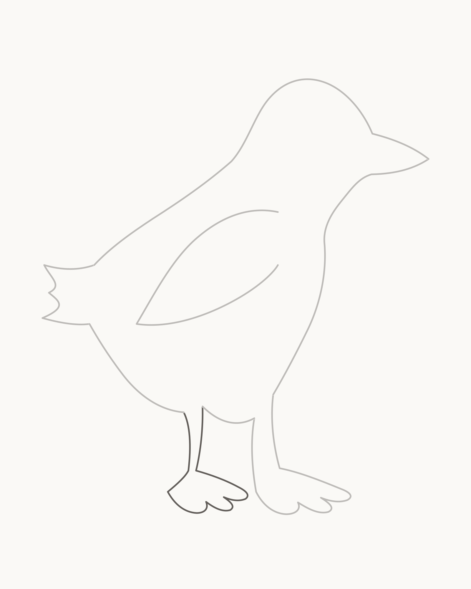 Stage 6 duck drawing adding the smaller far leg and separate webbed foot with three more toe points, making six toe points and four web valleys in total