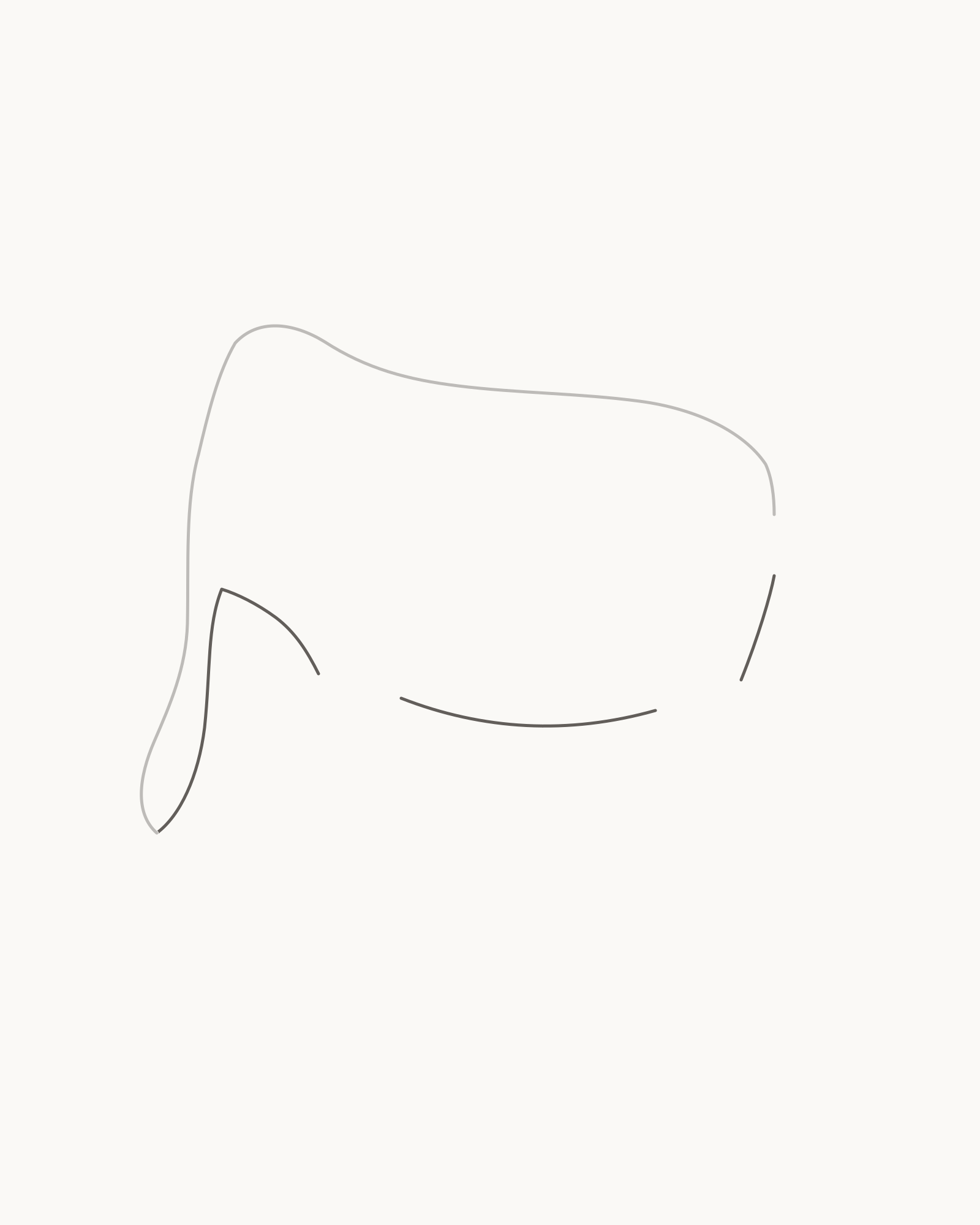 Stage 2 elephant drawing adding the inner trunk, mouth, jaw, chest, belly and lower rump as permanent intervals with openings for the near legs and tail
