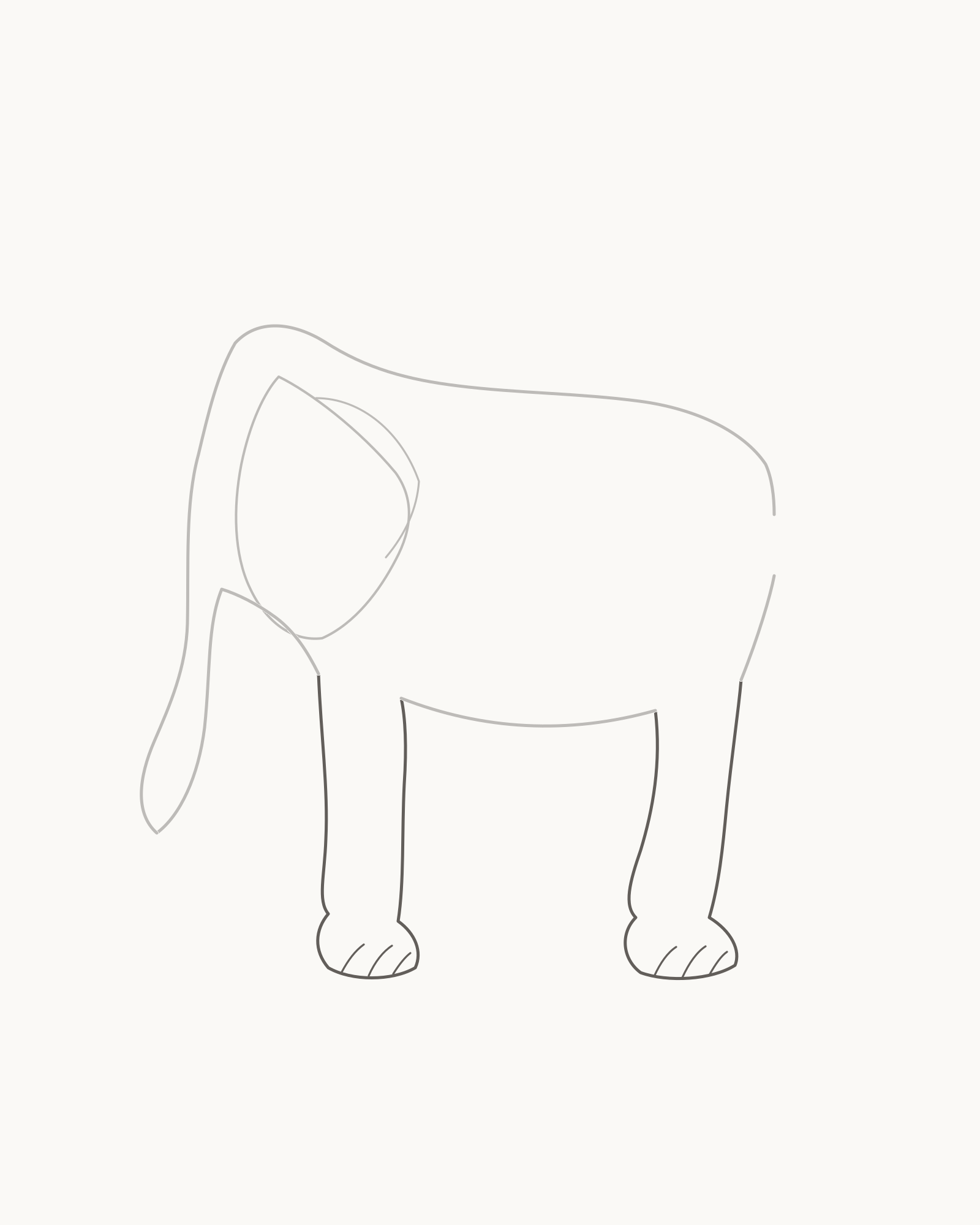 Stage 4 elephant drawing adding the near foreleg and near hind leg across their planned openings with broad feet and three toe arcs on each