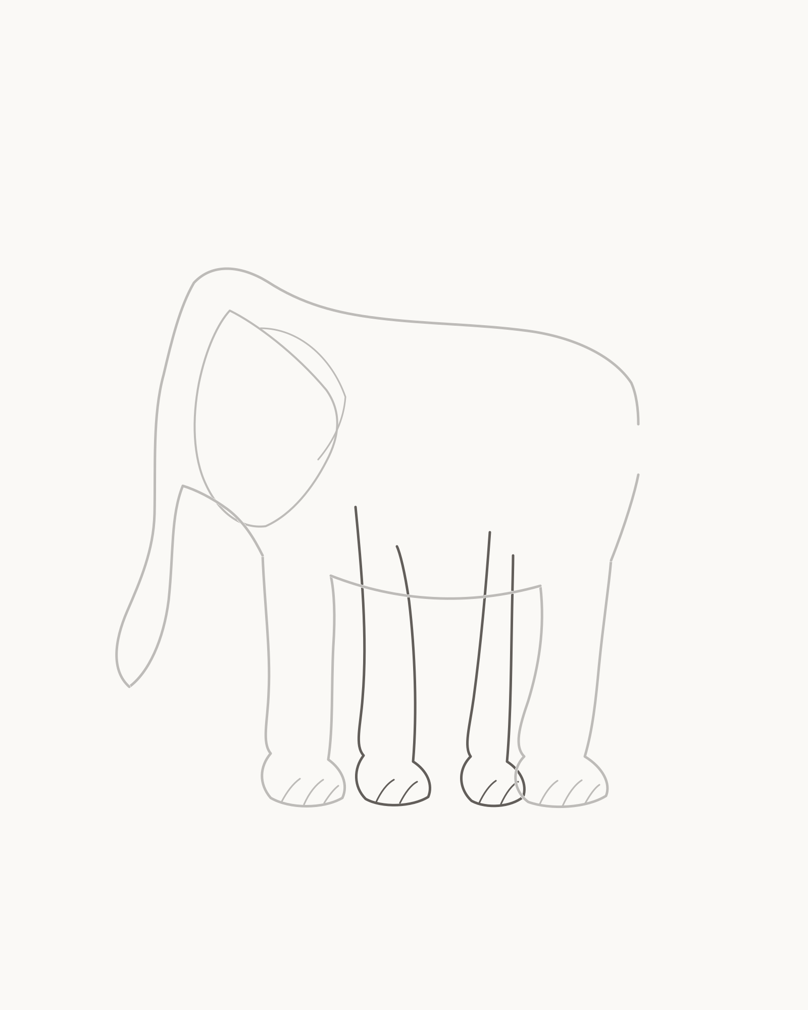 Stage 5 elephant drawing adding two offset far-side legs from visible interior attachments with two toe arcs on each foot