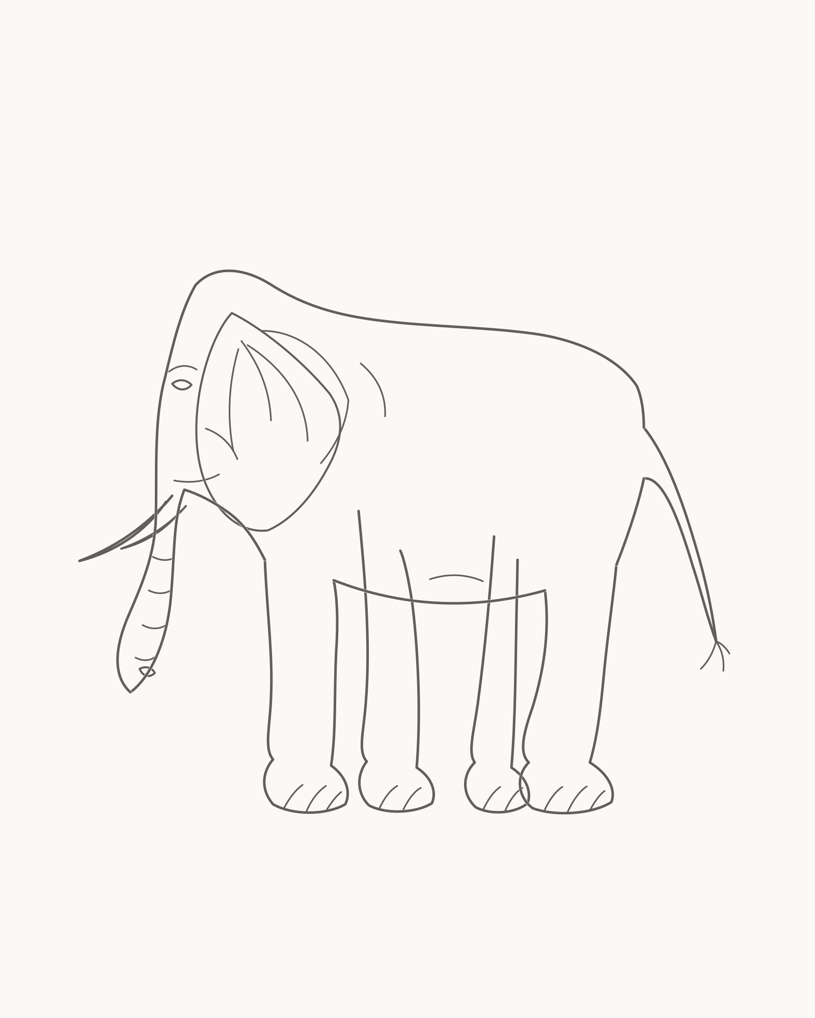 Complete line drawing of a calm adult left-facing African savanna elephant with a tapering trunk, broad ear, four grounded legs, attached tail and two modest tusks