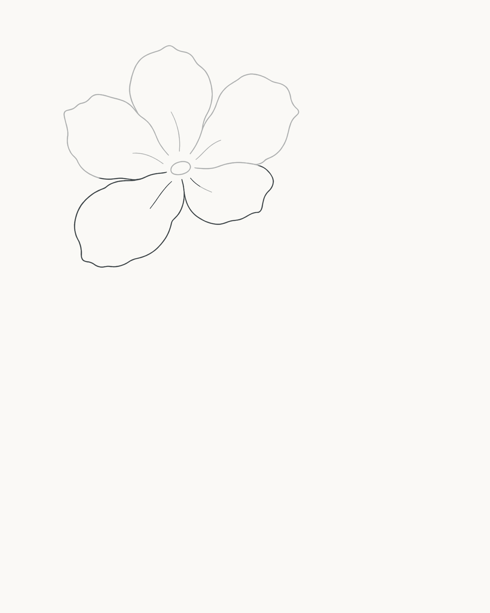 Stage 3 flower sprig adding a broad lower-right petal and longer lower-left petal to complete the main bloom