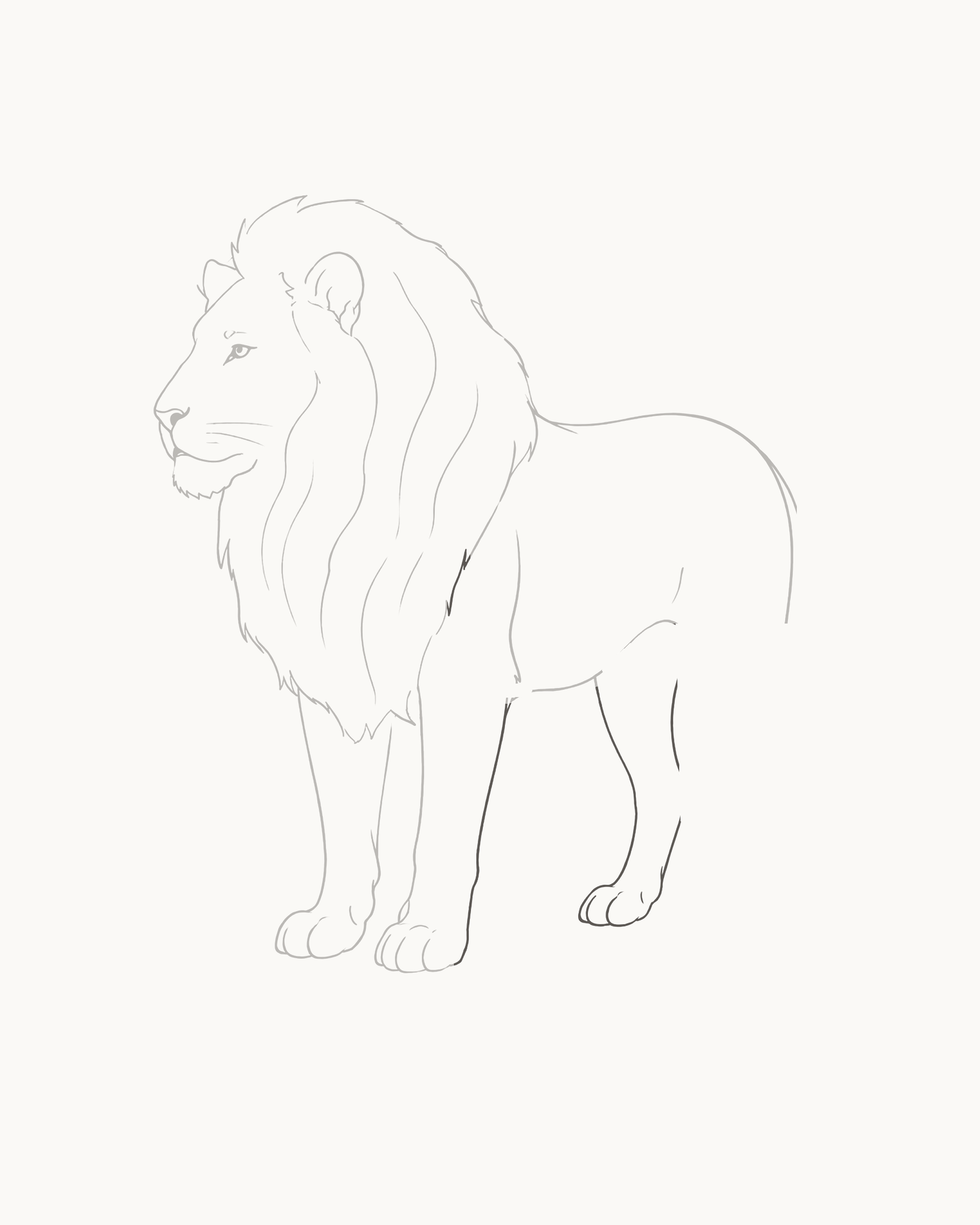 Stage 7 lion drawing adding a broad near thigh, rear-facing hock, lower leg, grounded rear paw and three toe divisions