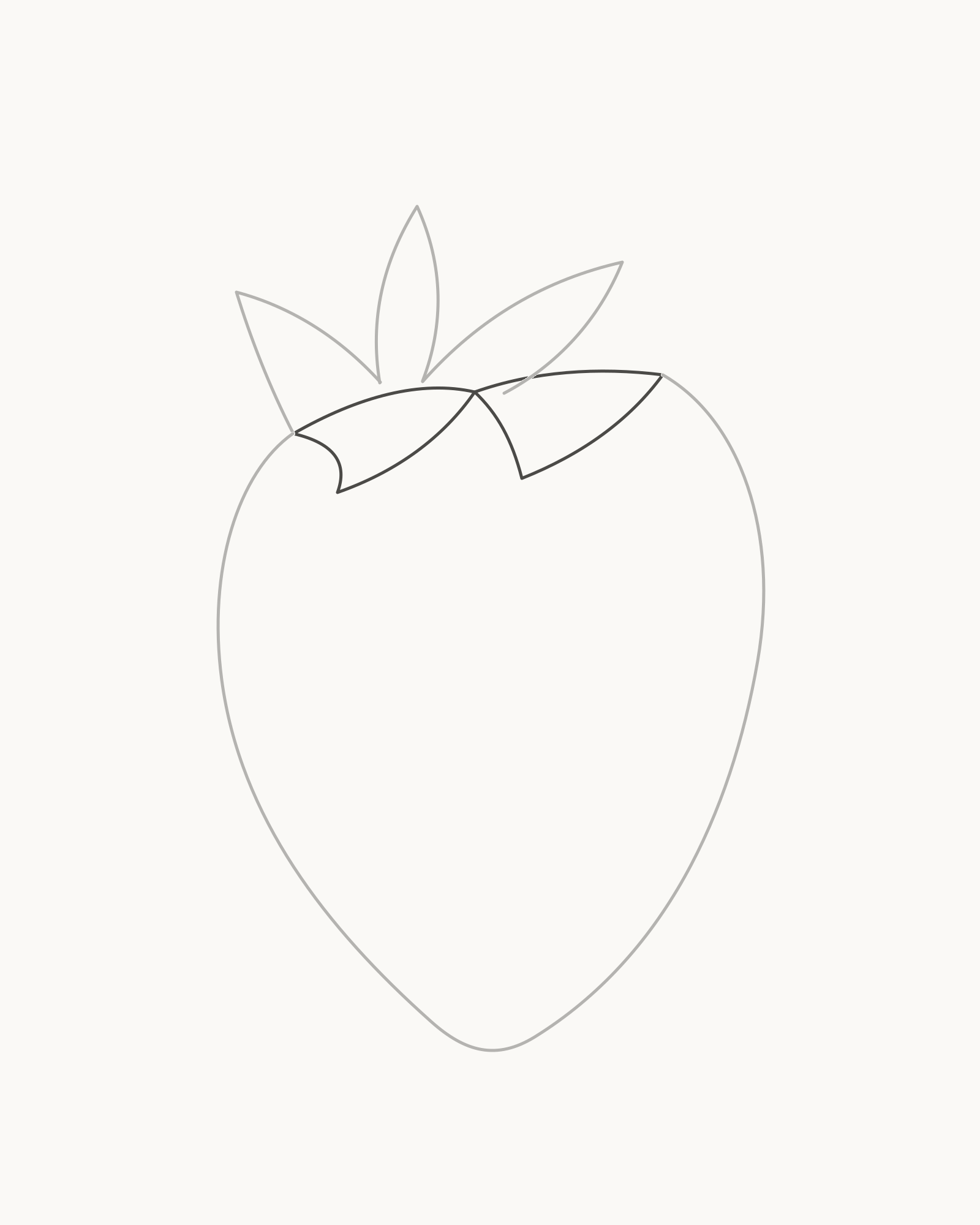 Stage 3 strawberry drawing adding one longer left and one broader right front sepal over the rear tier