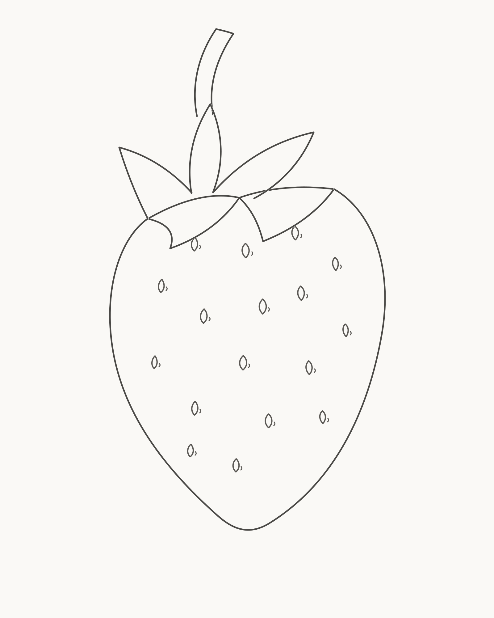 Complete pencil-line strawberry with an asymmetric fruit body, five wrapping sepals, a curved stem and seventeen perspective-aware achenes