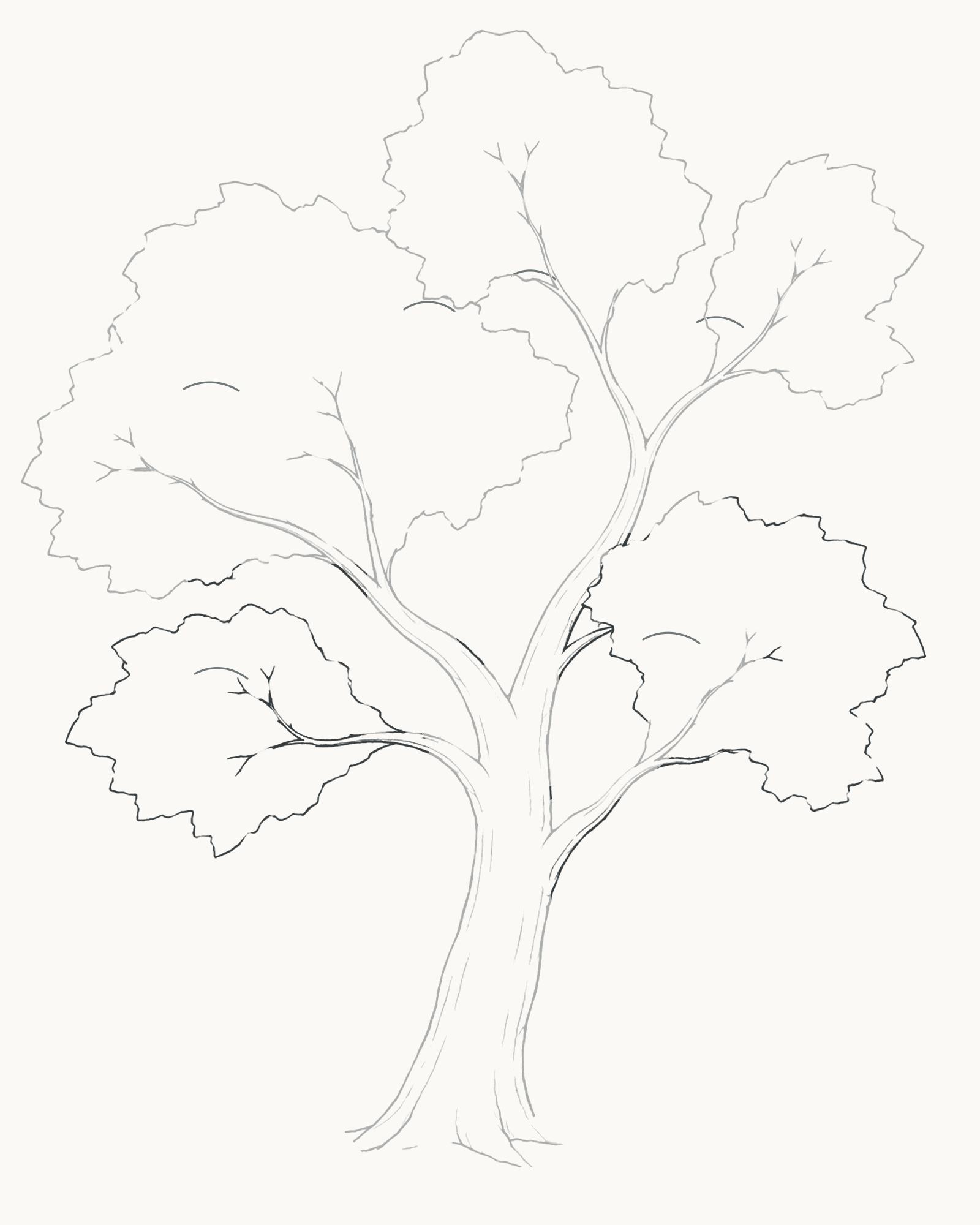 Stage 6 tree drawing adding two lower foliage groups and six short light internal overlap contours