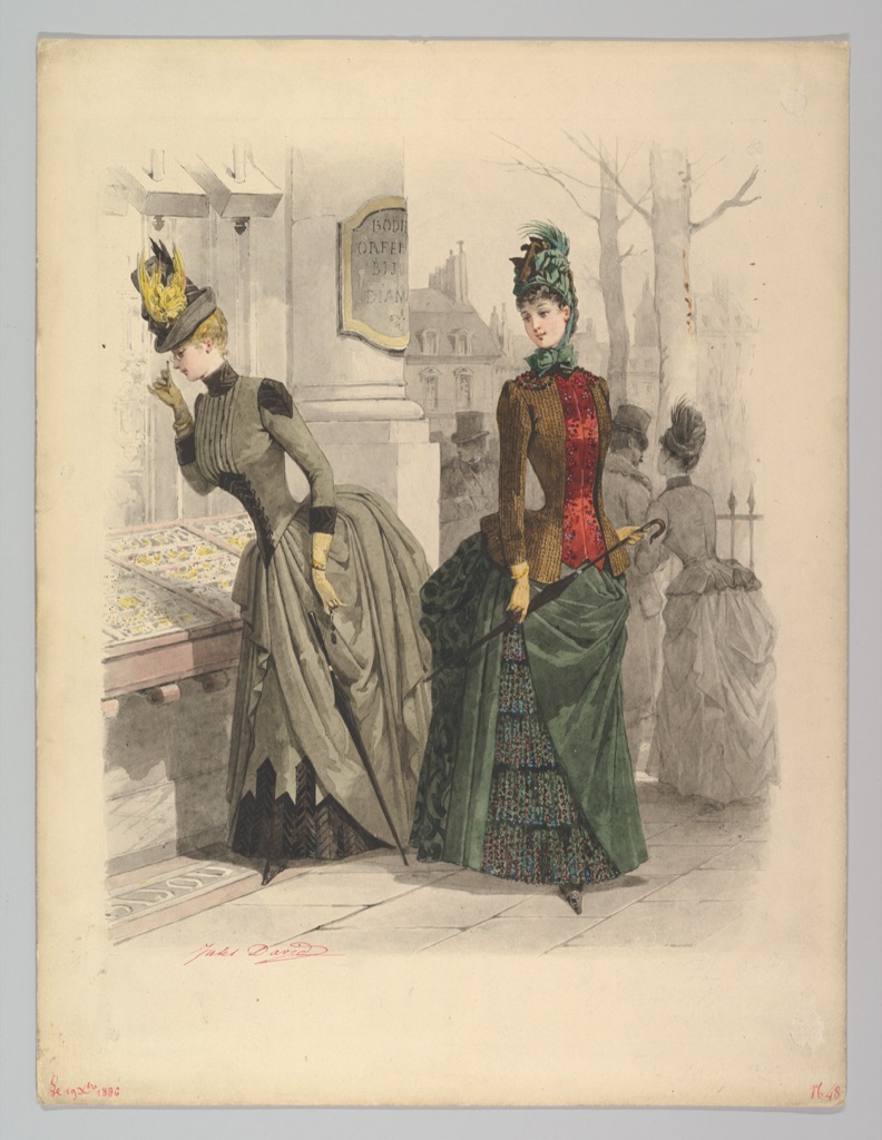 Jules David watercolor showing two women in elaborate day dresses on a Paris street for an 1886 fashion plate