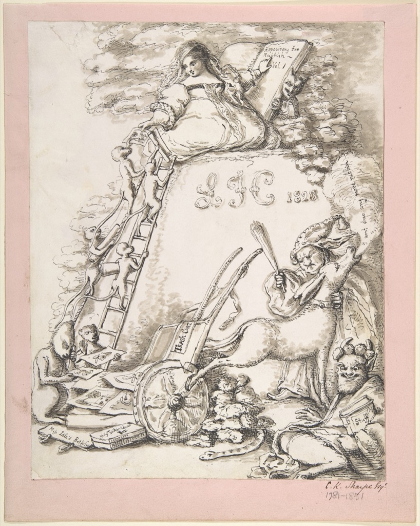 Sharpe pen-and-wash children's-book design with a seated woman, monkeys, a goat, books, drawing tools and animals around a blank center