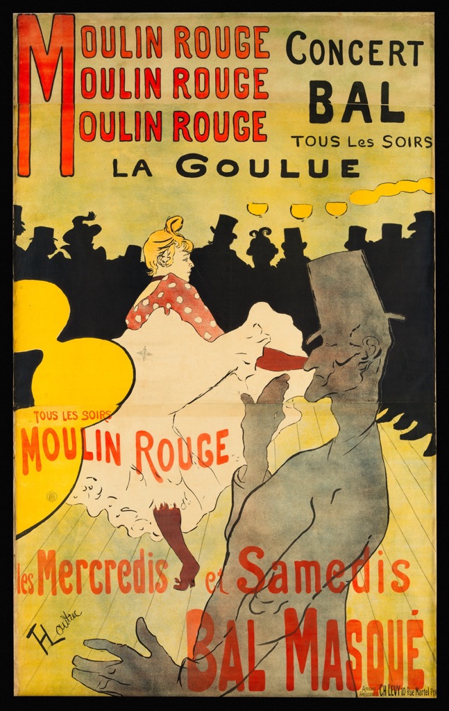 Toulouse-Lautrec's yellow, red and black Moulin Rouge poster with La Goulue dancing before dark spectator silhouettes and large lettering