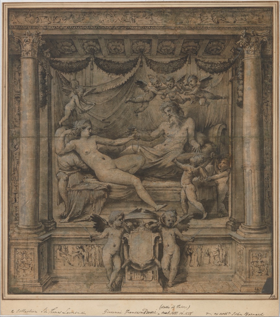 Perino del Vaga (Pietro Buonaccorsi), Jupiter and Juno, a historical drawing in Pen and dark brown ink, brush and brown and gray wash, highlighted with white gouache.