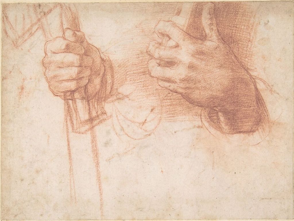 Andrea del Sarto, Studies of Hands, a historical drawing in Red chalk.
