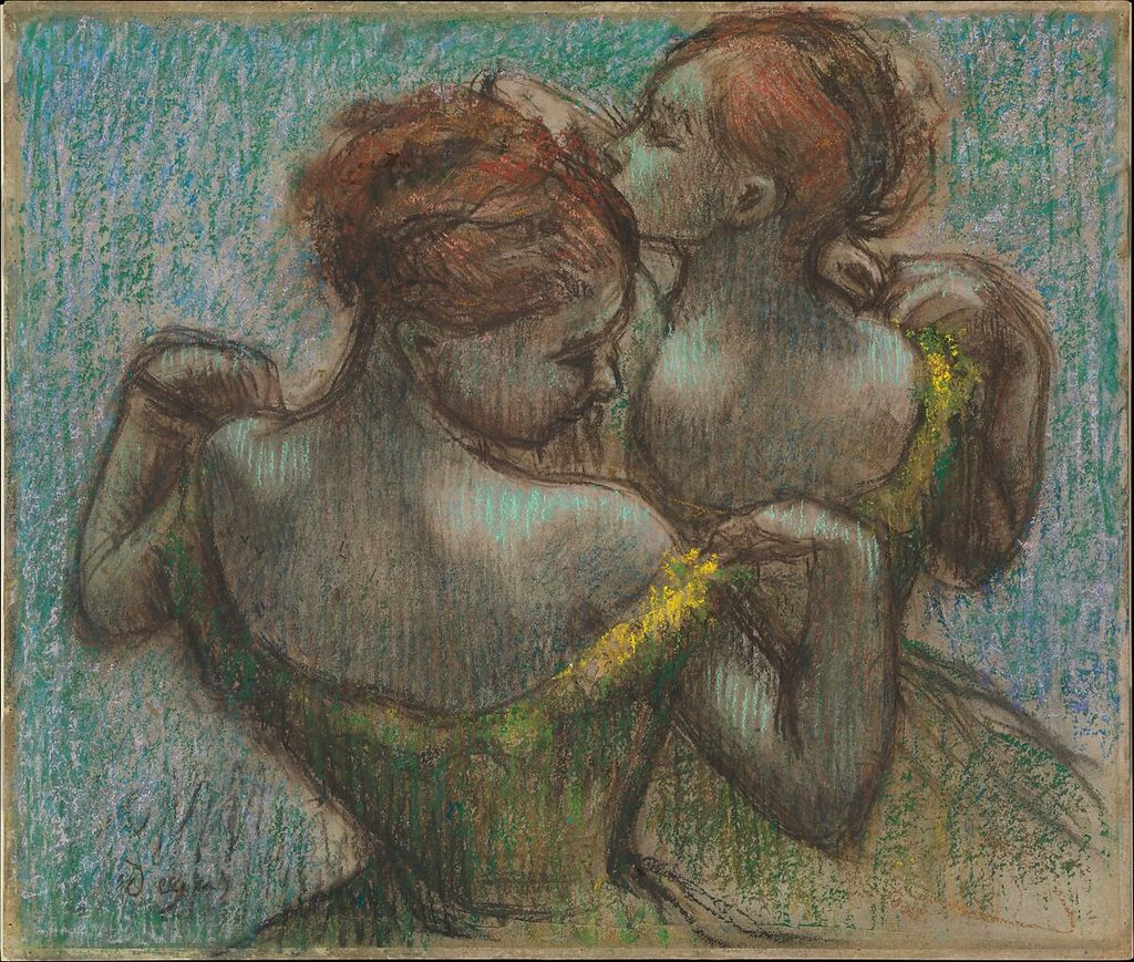Edgar Degas, Two Dancers, Half-length, a historical drawing in Pastel and charcoal on tracing paper with a joined strip, laid down on cardboard.
