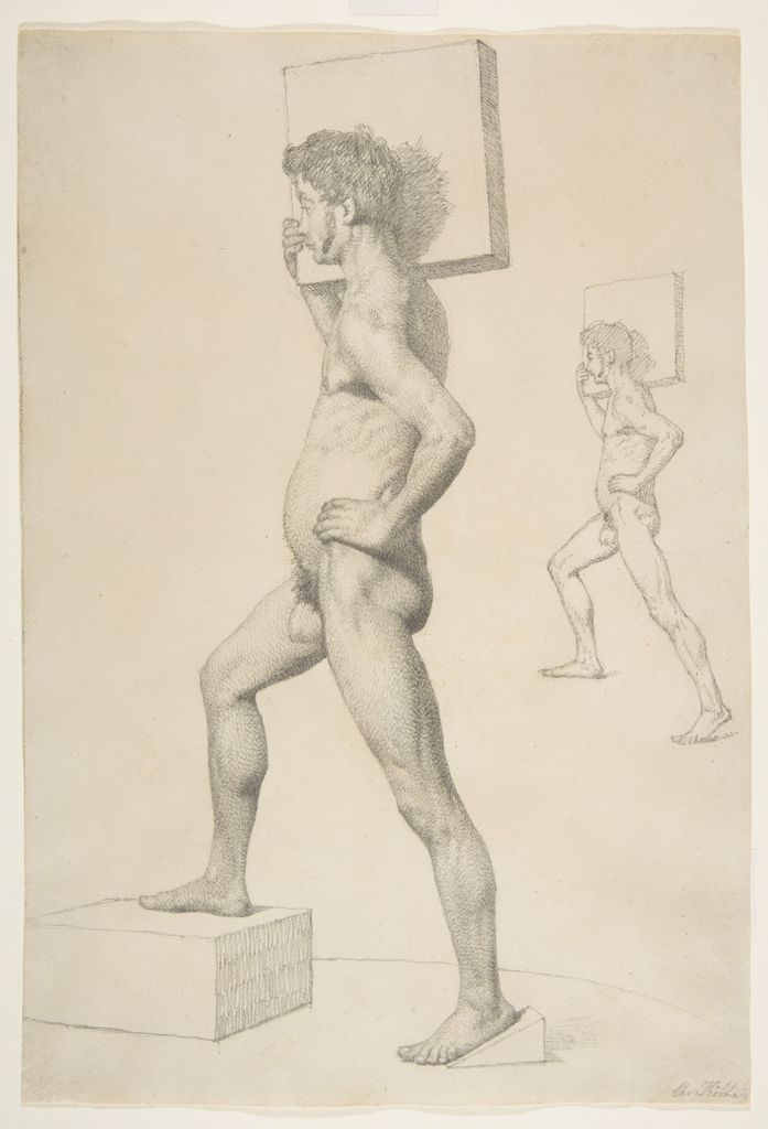 Christen Købke, Study of a Male Nude Shouldering a Wooden Block, a historical drawing in Graphite.