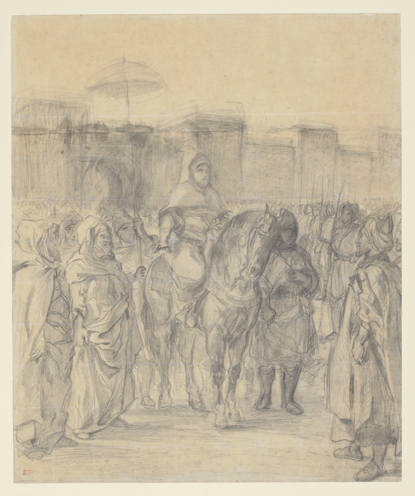 Delacroix graphite compositional study of the Sultan of Morocco and entourage crossed by a pale transfer grid.