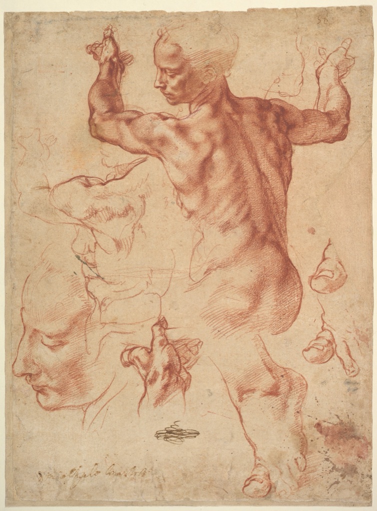 Michelangelo red-chalk studies of a twisting seated figure, with separate studies of hands and feet.