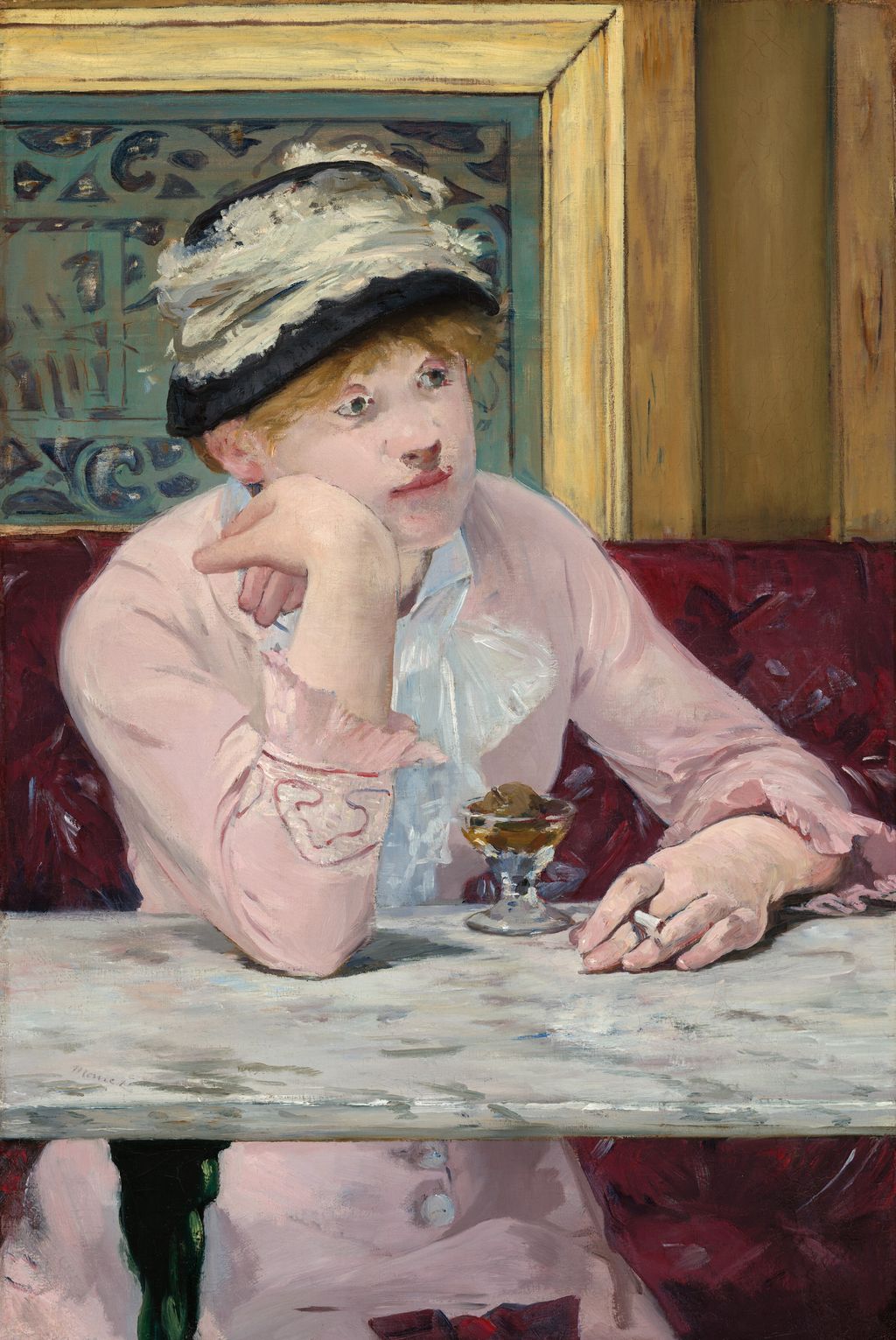 Woman in pink seated by a small glass in Manet’s Plum Brandy