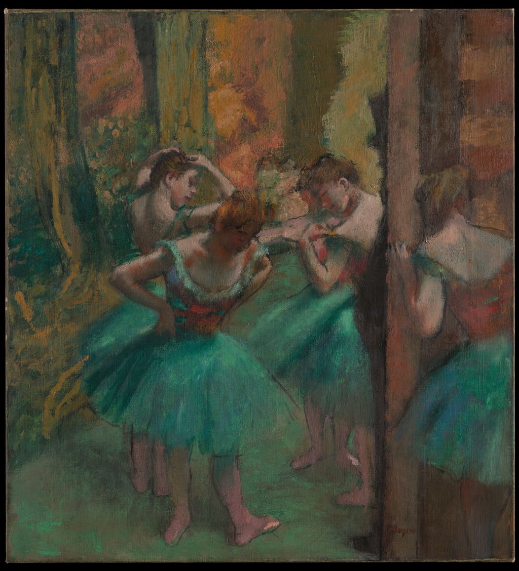 Dancers in pink and green costumes across a late Degas painting
