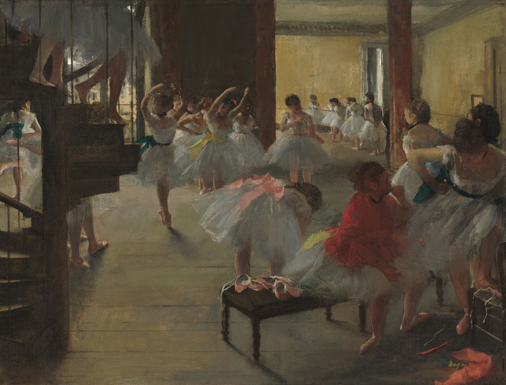 Separate horizontal Degas Dance Class with spiral stair and red-jacketed dancer