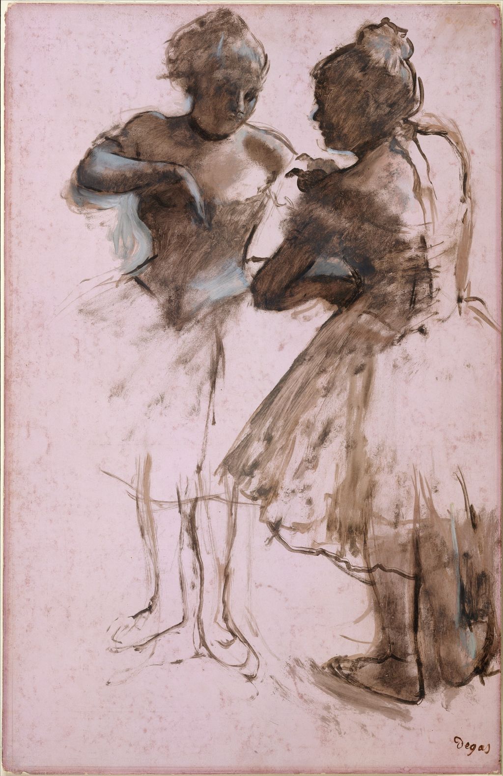 Two ballet dancers in brown wash and white gouache on pink paper