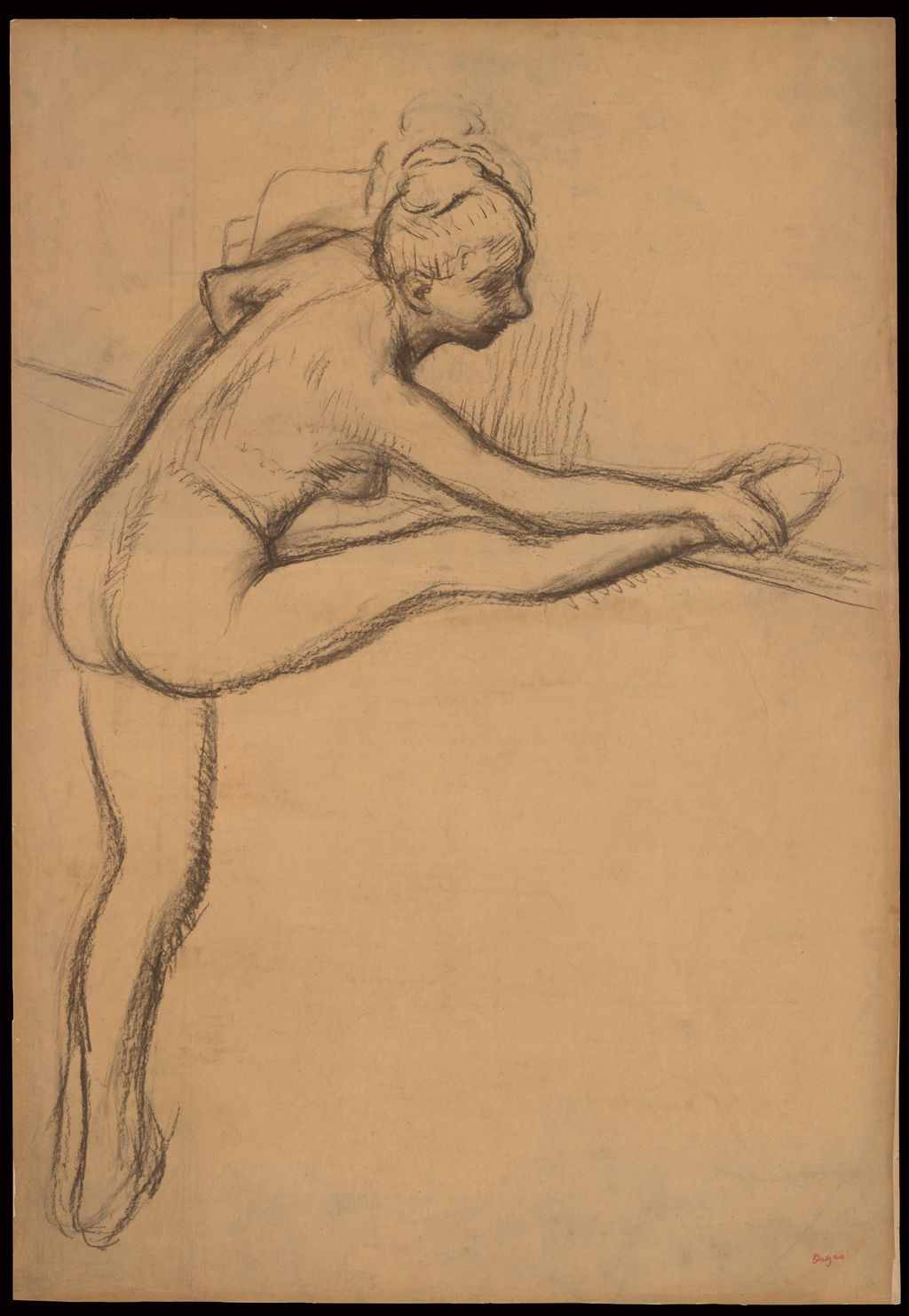 Charcoal study of a dancer bending over one leg at a barre, with repeated contours