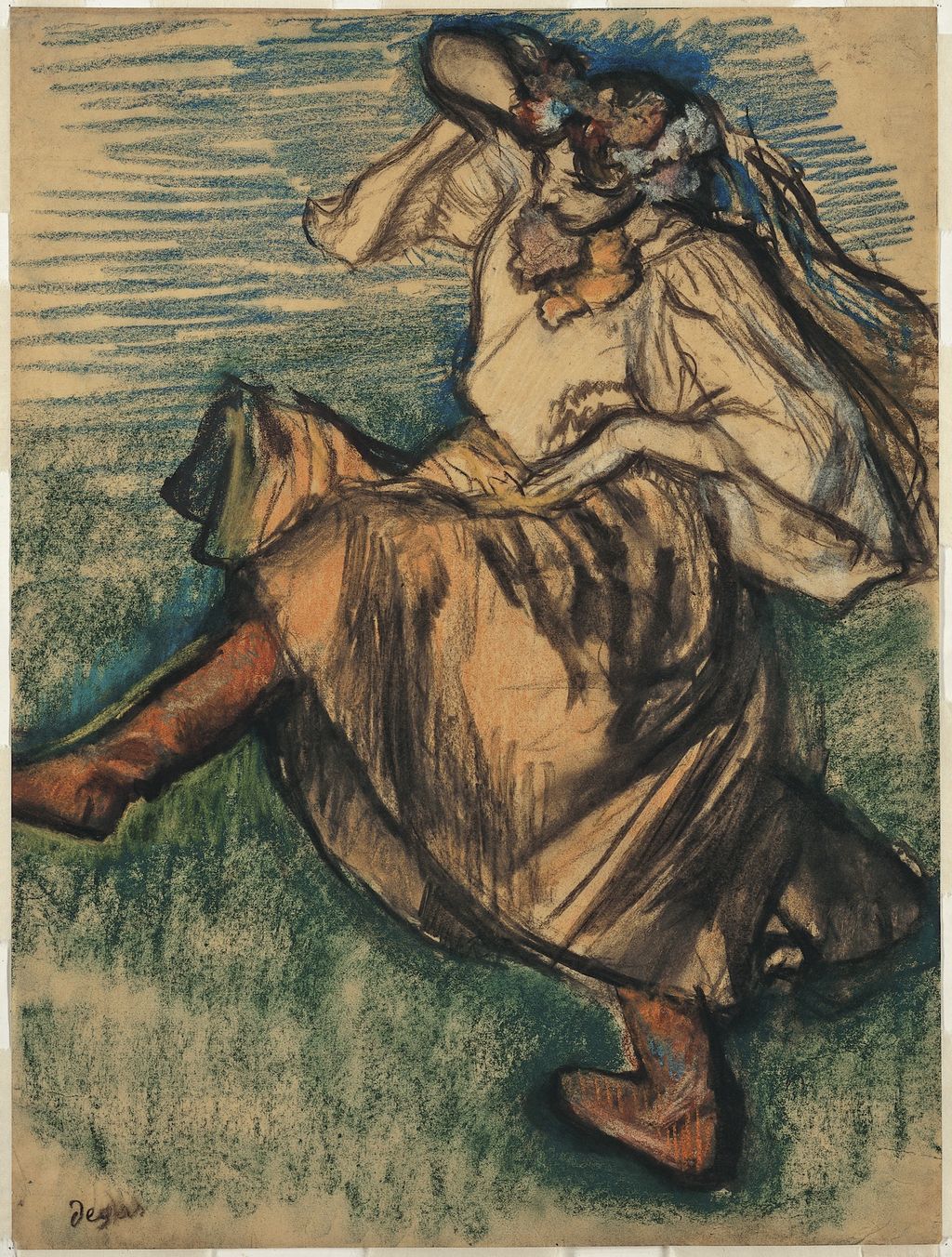 Seated dancer in Ukrainian dress, outlined in charcoal with blue and green pastel