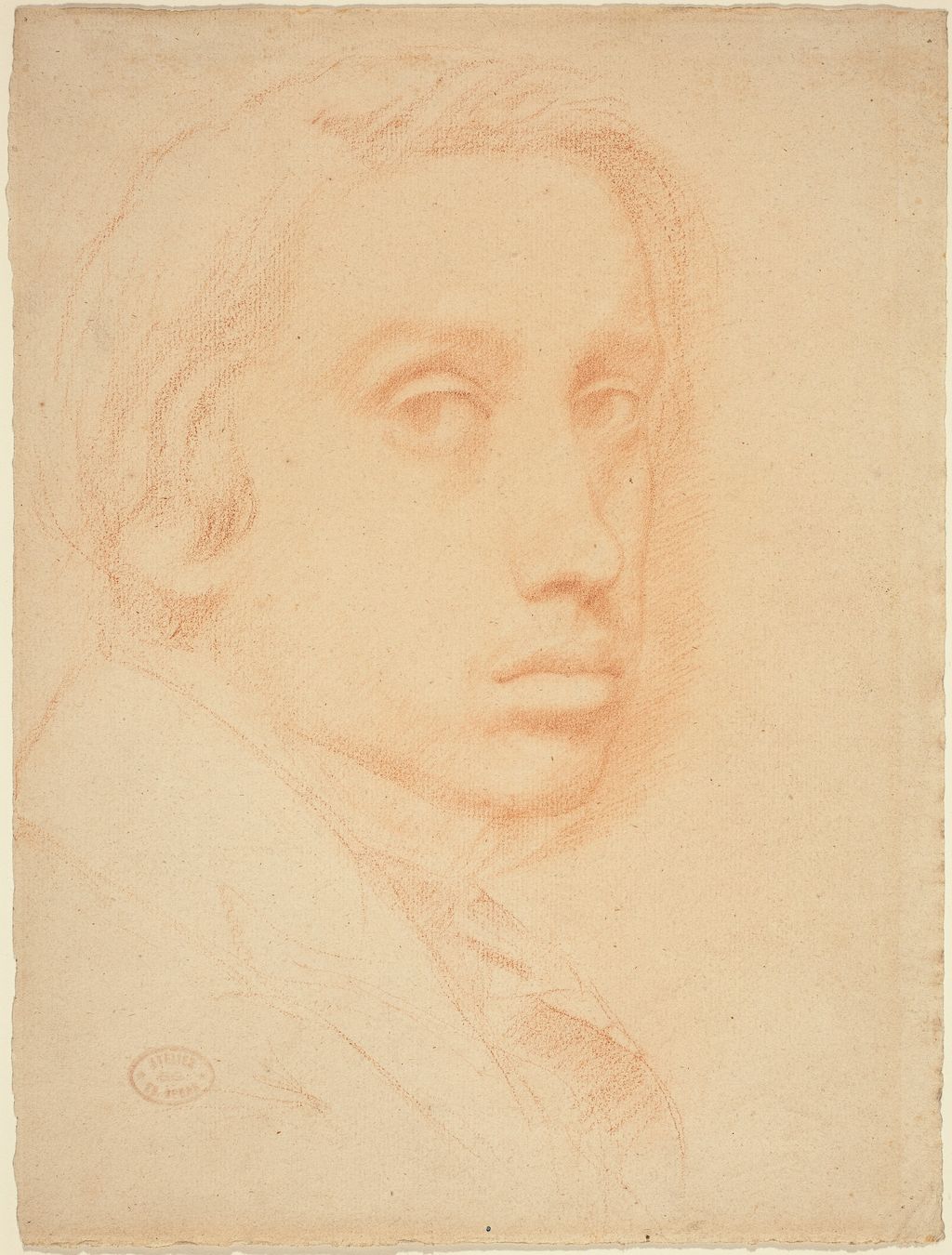 Young Degas looking out from a lightly shaded red-chalk self-portrait