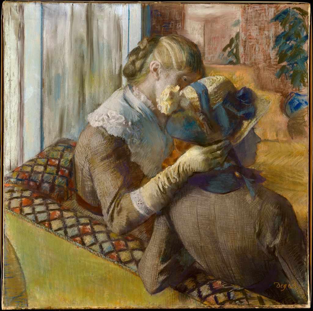 Two women seen beside a hat in Degas's pastel At the Milliner's