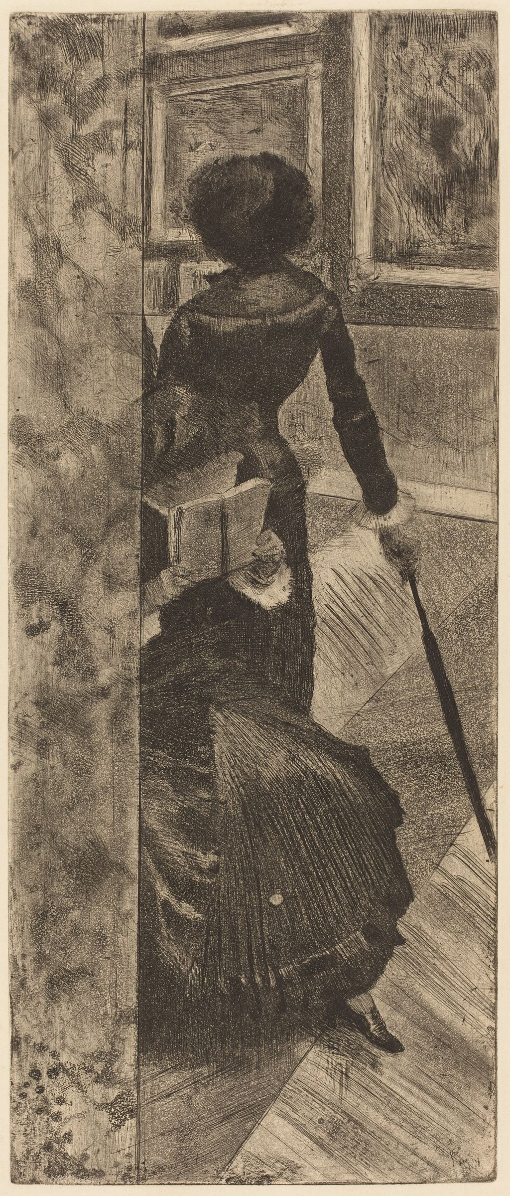 Mary Cassatt and a companion viewing paintings at the Louvre in a print by Degas