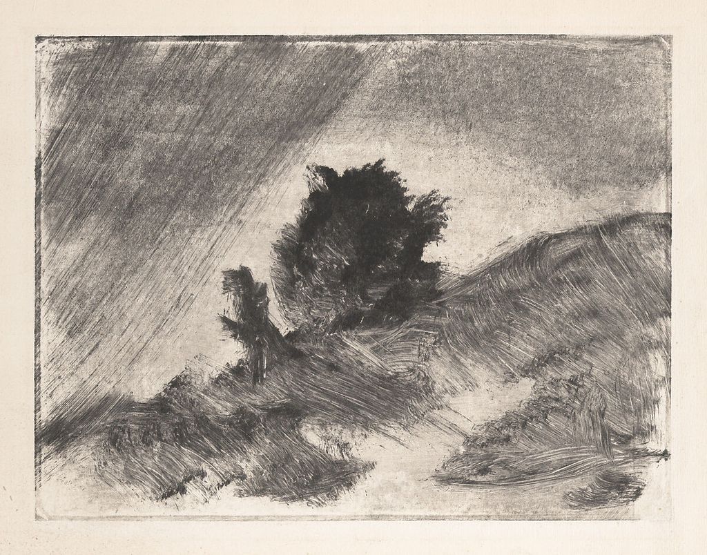 Black ink monotype landscape with a dark tree and sloping terrain