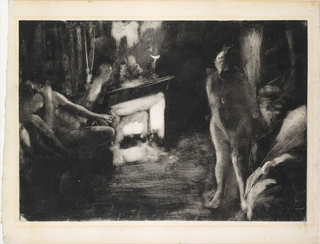 Dark monotype interior with seated figures by a fireside