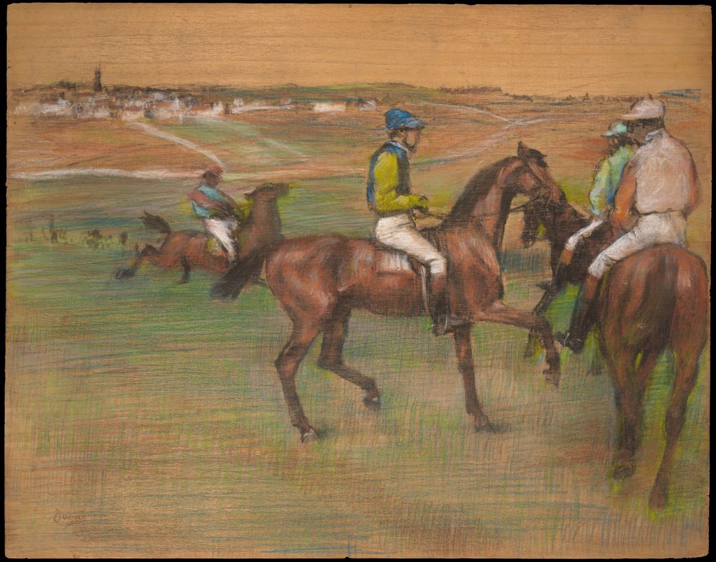 Mounted riders and horses arranged in pastel over visible wood