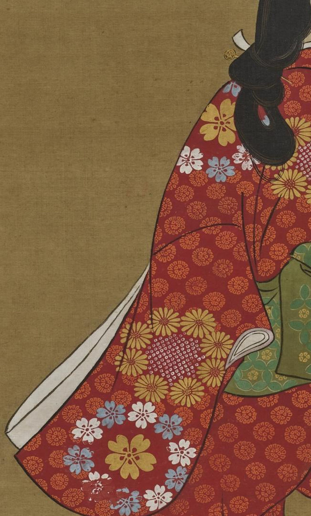 紅色の袖と花模様