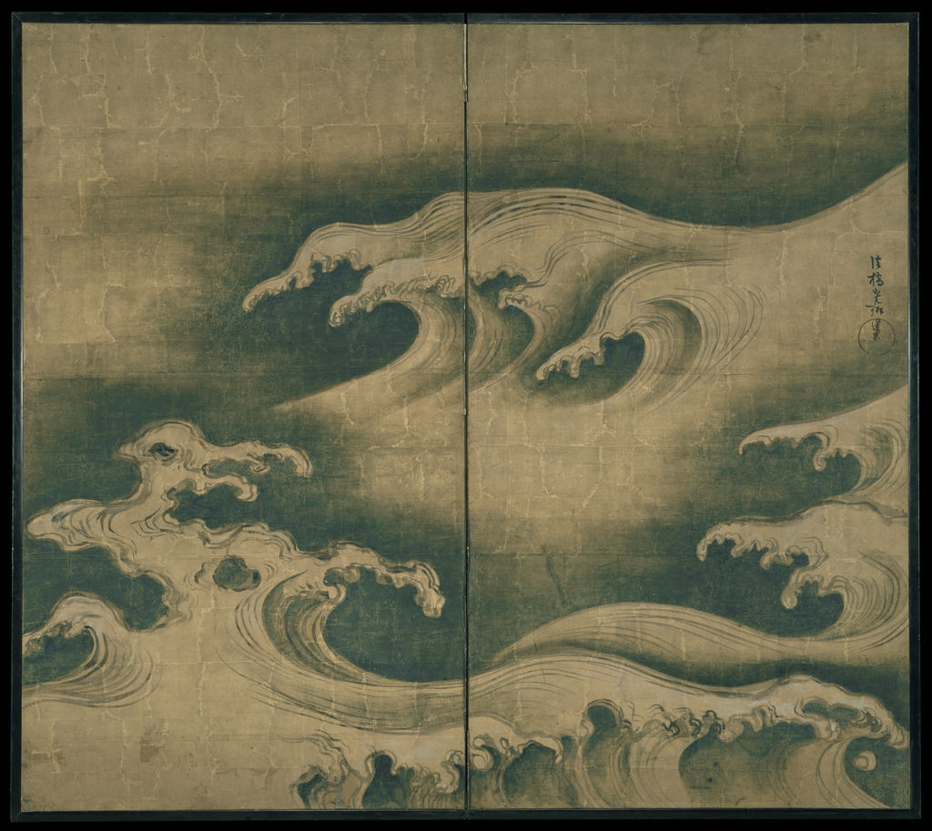 尾形光琳《荒波図屏風》、1704–09年頃。Met 26.117。
